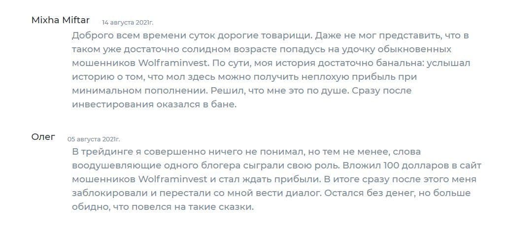 Отзывы про инвестора и его сайт Wolframinvest