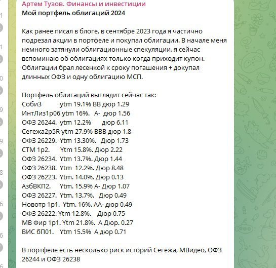 Статистика портфеля на канале Артема Тузова